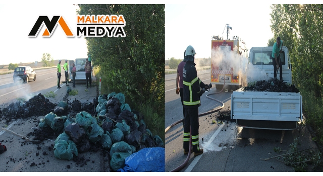 Malkara’da Mangal Kömürü Yüklü Kamyonet Yandı