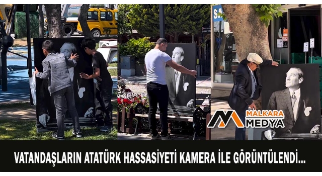 Vatandaşların Atatürk hassasiyeti kamera ile görüntülendi... İki çocuk Atatürk portresini düzelttikten sonra öptü