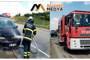 Malkara'da motoru alev alan araca ilk müdahaleyi jandarma yaptı