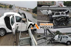 Tekirdağ – Malkara Karayolunda Otomobil Bariyerlere Saplandı; 2 Yaralı