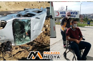 Malkara'da karşı şeride geçen araç takla atarak menfeze uçtu: 2 yaralı