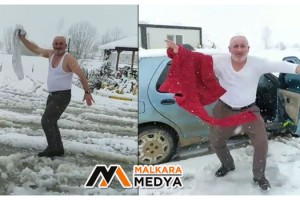 Malkara'da eski muhtar soğuğa meydan okudu: Karda çılgınca oynadı