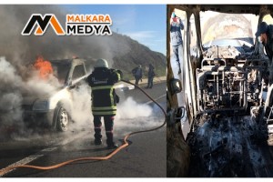 Malkara'da 2 kişinin ölümden döndüğü yanan araçtan geriye hurda yığını kaldı