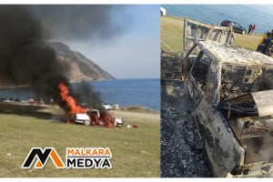 Önünde piknik yaptıkları araç cayır cayır yandı
